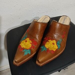 Embroidered Brown Leather Bootie with Yellow Floral Accent